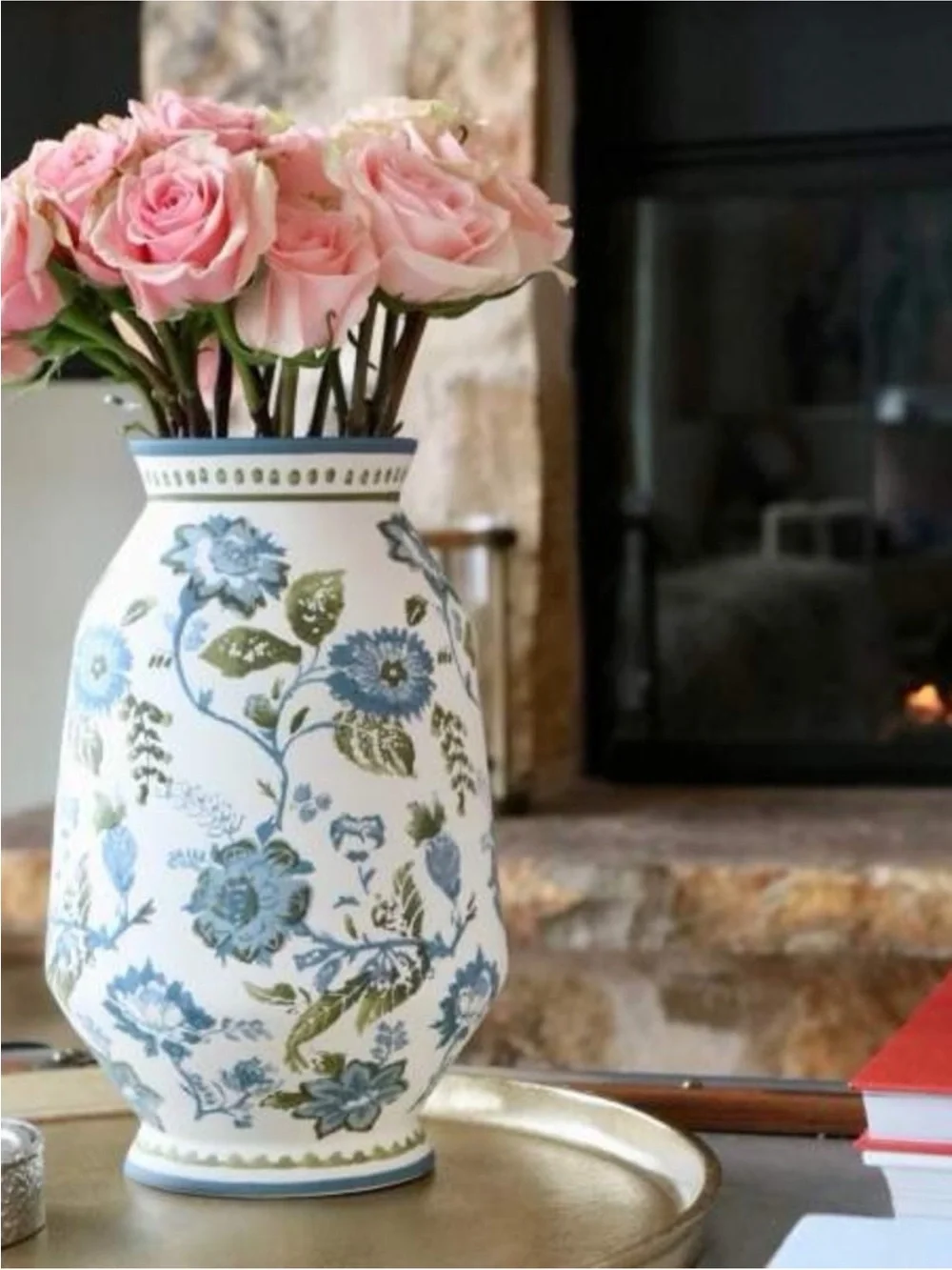Tall Floral Painted Ceramic Vase Blue/Green - Threshold™